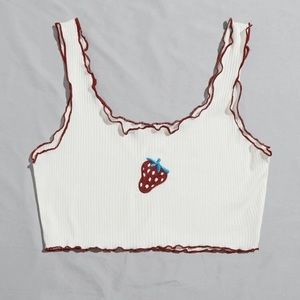 80's Style Country Rib knit Strawberry 🍓 Embroidery Lettuce Trim Crop Tank Top